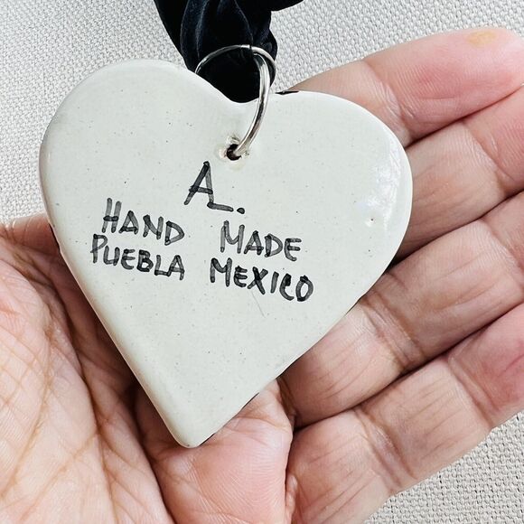 Handmade Puebla Mexico Ceramic Heart Pendant Necklace Scarf Zebra Tiger Stripes - Picture 4 of 6